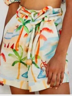 FARM Rio Cream Tropical Paperbag Tie-Waist Shorts with Palm Print